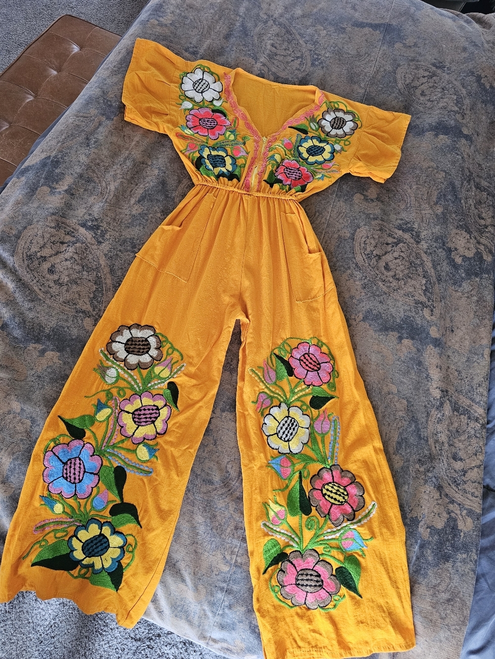 Artisanal Embroidered Linen Jumpsuit Marigold Boho Folk Floral Wide Leg Medium